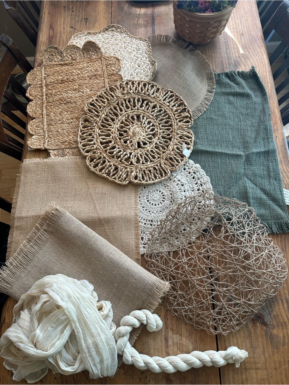 8 Assorted Placemats / Chargers, Burlap Runner, Cheesecloth x 2